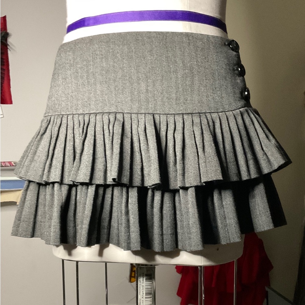 Grey Tiered Pleated Mini Skirt with Buttons
